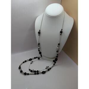 Black Silvertone Metal Glass Beaded MultiStrand Necklace